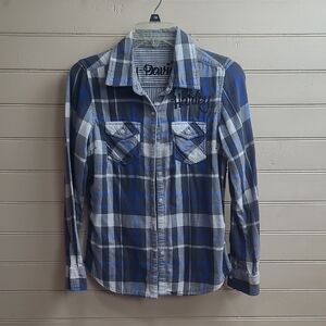 Harley-Davidson Blue and White Reversible Plaid Button Down Shirt Grey/White